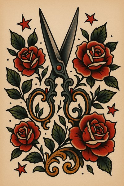 Vintage Tattoo Design with Scissors and Roses