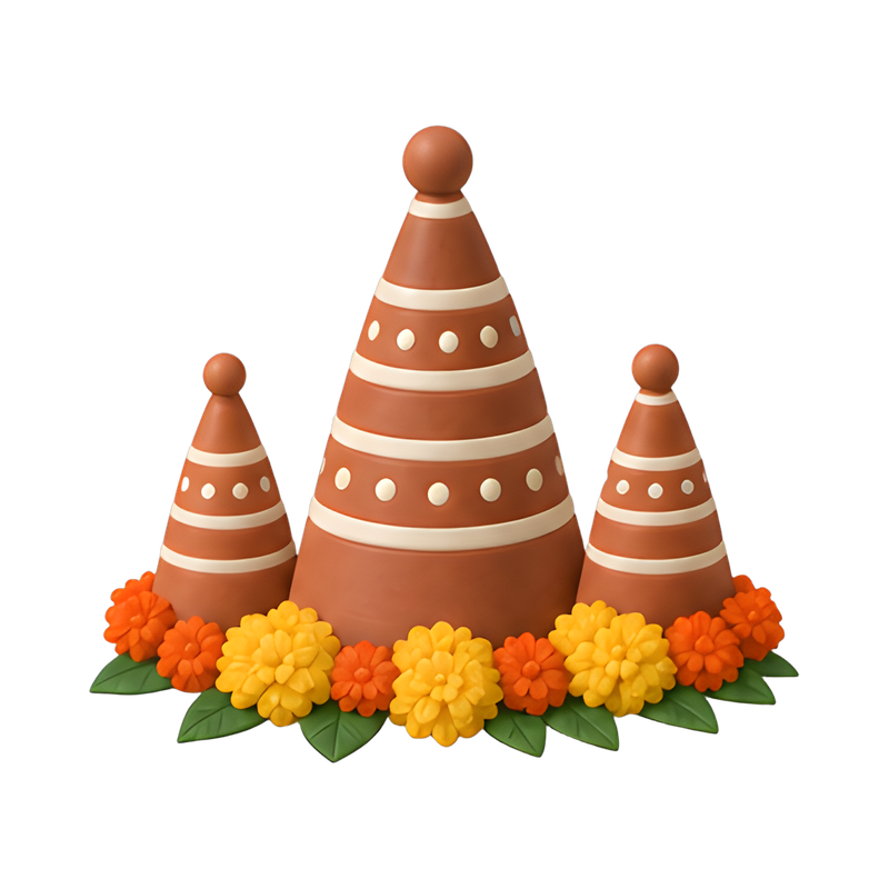 Clay pyramid figures with flowers