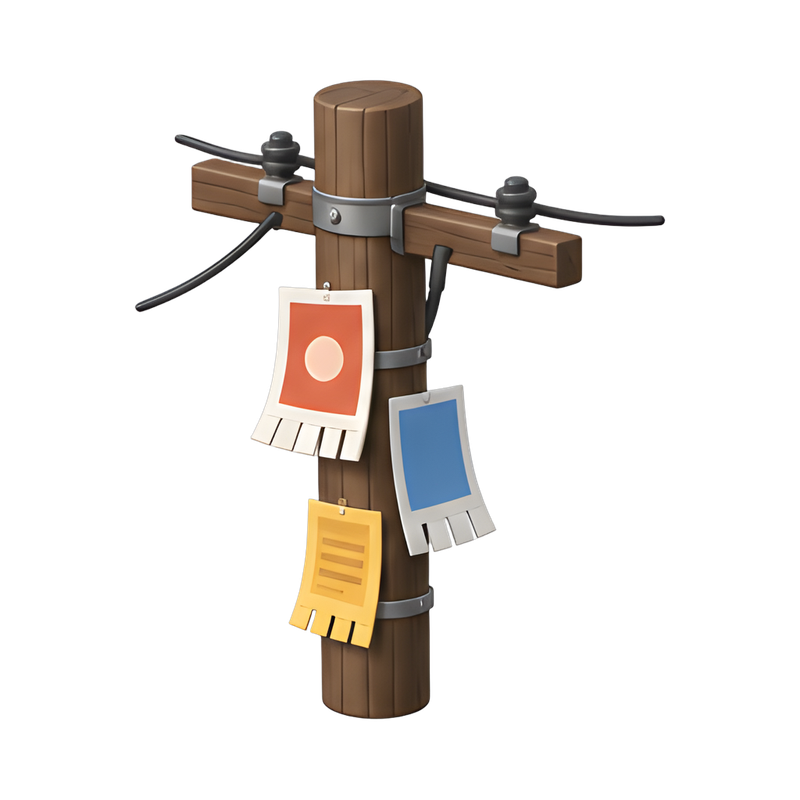 Utility pole with colorful flyers