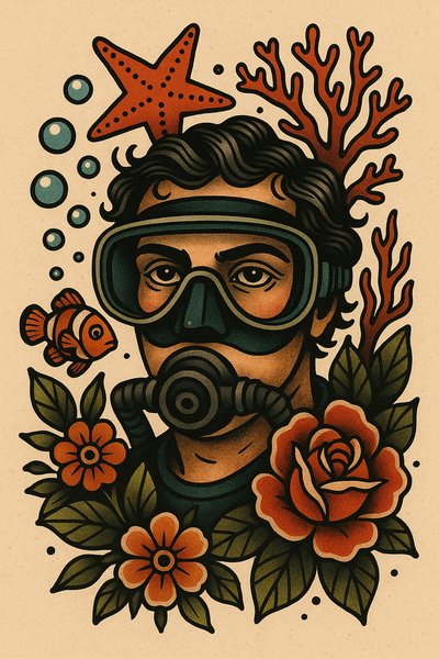 Illustrative Portrait of a Diver Surrounded by Marine Life