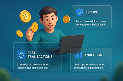 3D Illustration of Crypto Features with Laptop and Coins