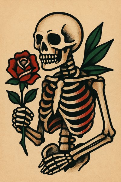 Artistic Skeleton Holding a Rose Illustration
