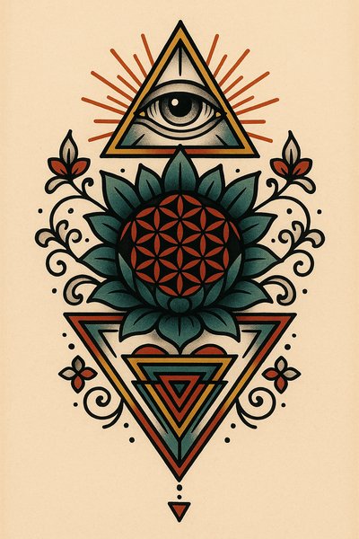 Intricate Spiritual Symbolism Illustration with Eye and Flowers