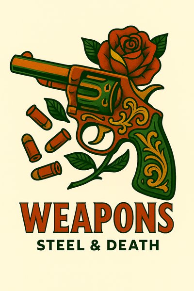 Vintage Style Graphic Featuring Gun and Rose Design