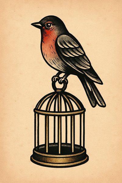 Vintage illustration of a bird perched on a birdcage
