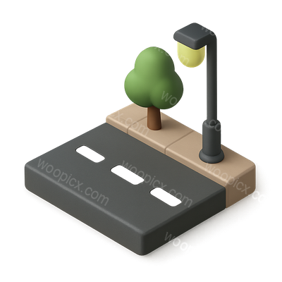 Isometric 3D Street Icon with Tree and Streetlight