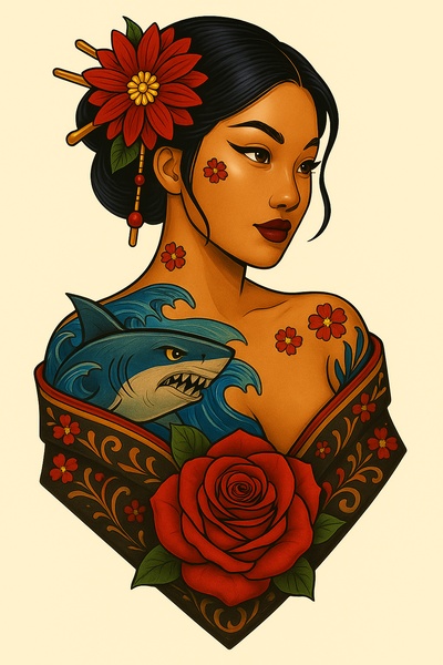 Elegant Woman with Shark Tattoo by the Ocean