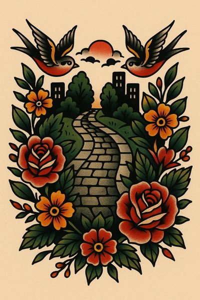 Colorful Vintage Tattoo Design with Flowers and Birds