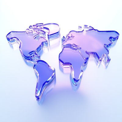 Stylized 3D Glass World Map in Shades of Purple