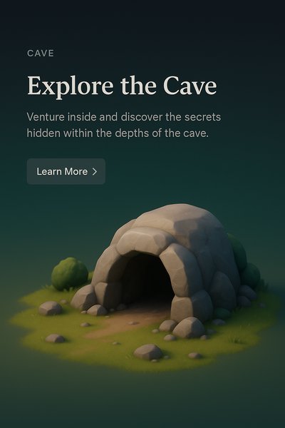3D Cave Exploration Scene with Text Elements