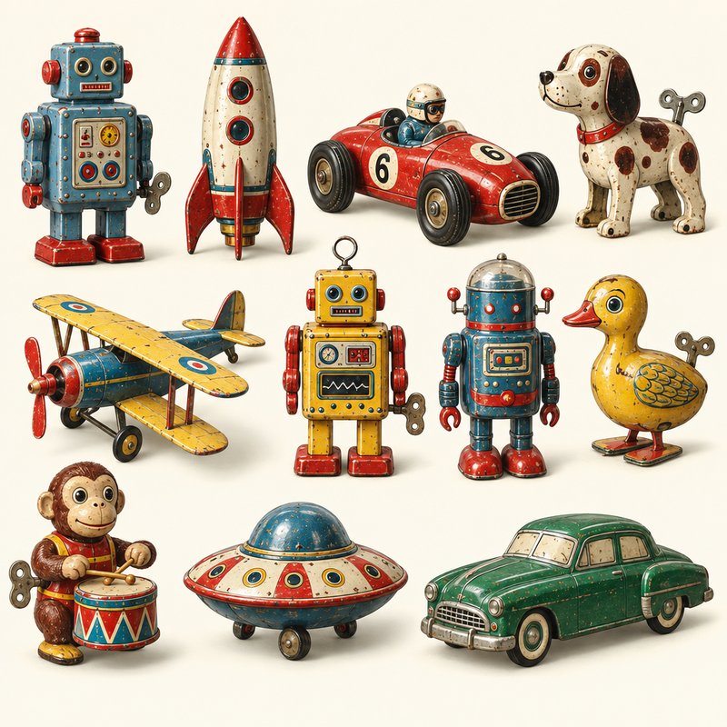 vintage tin toy design elements