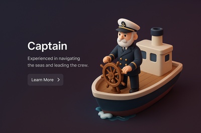 3D Captain Scene with Ship and Text Elements