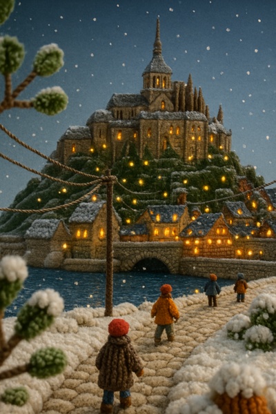 Mont Saint-Michel Crafted from Yarn in a 3D Scene
