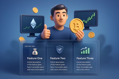 3D Crypto World with Man, Coins, and Multiple Screens