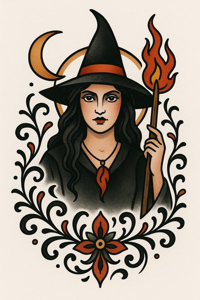 Stylized Witch Illustration with Decorative Elements