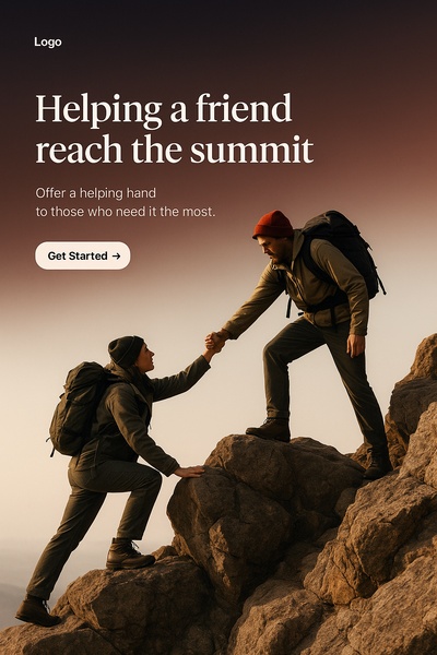 Hiker Assisting Friend to Reach Mountain Summit Illustration