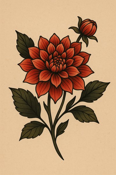 Stylized floral illustration of a red dahlia with leaves