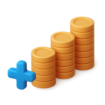 3D Stacked Coins with Blue Plus Icon - Isometric View