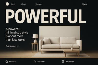 Modern Minimalist Living Room 3D Render with Bold Typography