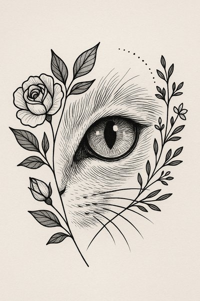 Artistic Illustration of a Cat's Eye with Floral Elements