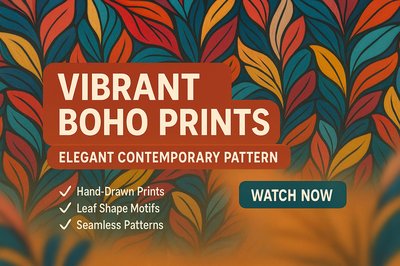 Vibrant Boho Print Promotional Graphic with Leaf Motifs