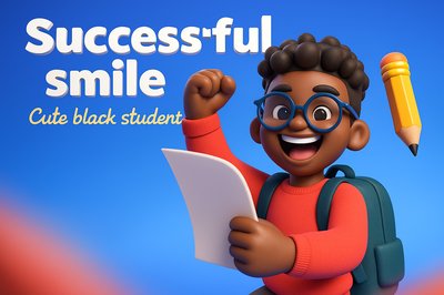 Cheerful 3D Black Student Celebrating Success