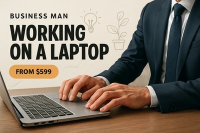 Dynamic Workspace: Businessman Typing on Laptop in Modern Office