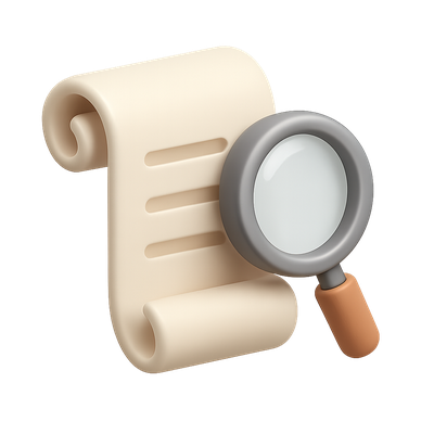 3D Rolled Document with Magnifying Glass Icon