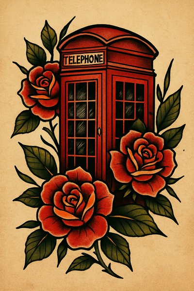 Vintage Telephone Booth Surrounded by Roses Illustration