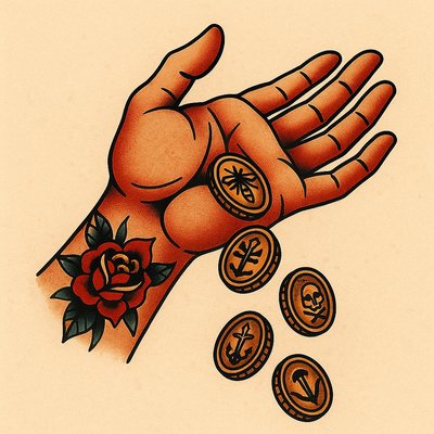 Tattoo of a Hand Releasing Coins with Floral Design