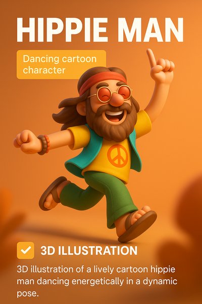 3D Illustration of a Lively Dancing Cartoon Hippie Man