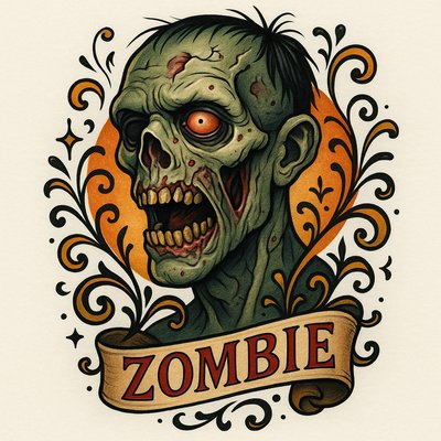 Stylized Zombie Illustration with Ornate Design Elements