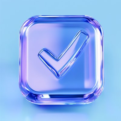 3D Glassy Checkmark Icon on Blue Background