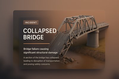 Collapsed Bridge Illustration with Informational Overlay