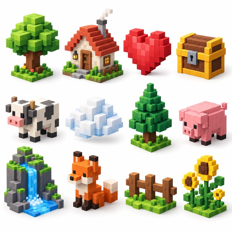 Colorful voxel art elements