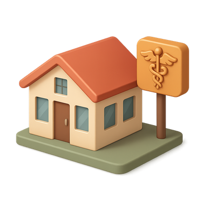 Stylized 3D Nursing Home Icon with Medical Sign