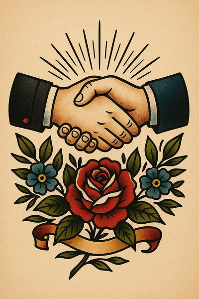 Vintage Handshake and Floral Tattoo Art Design