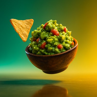 Vibrant Guacamole with Tortilla Chip in Motion