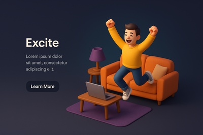 Exciting 3D Scene of a Person Jumping with Joy in a Cozy Room