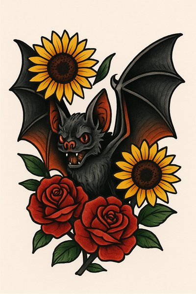 Vintage-Inspired Bat Illustration Surrounded by Flowers