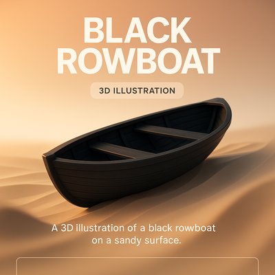 3D Illustration of a Black Rowboat on Sandy Surface