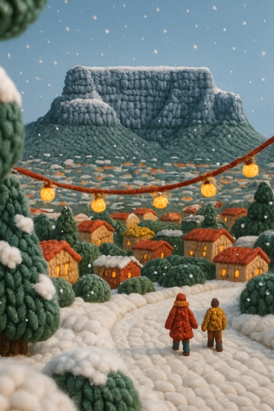 Festive Table Mountain Scene in 3D Yarn Texture