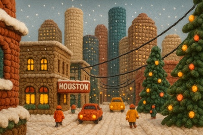 Charming Holiday Scene in Downtown Houston Crafted from Yarn