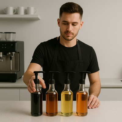 Barista Arranging Syrups in Minimalist Style