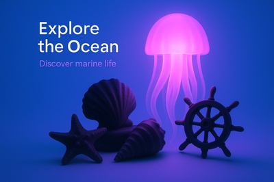 Illuminated Neon Ocean Scene with Jellyfish and Shells