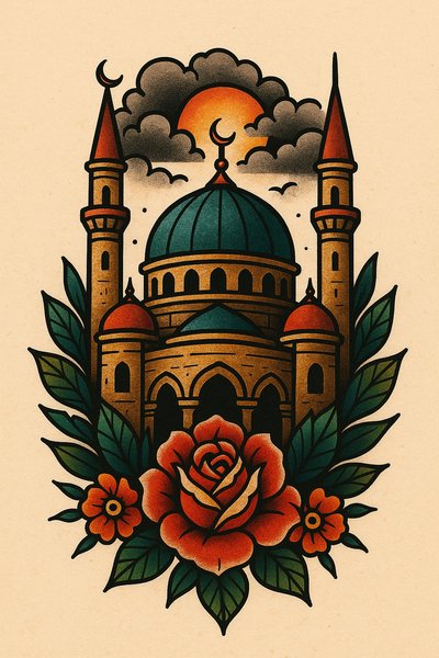 Artistic illustration of a mosque with floral elements