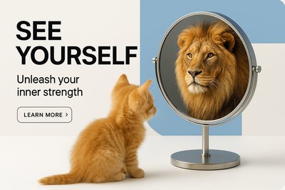 Kitten Gazing into Mirror Reflecting a Lion