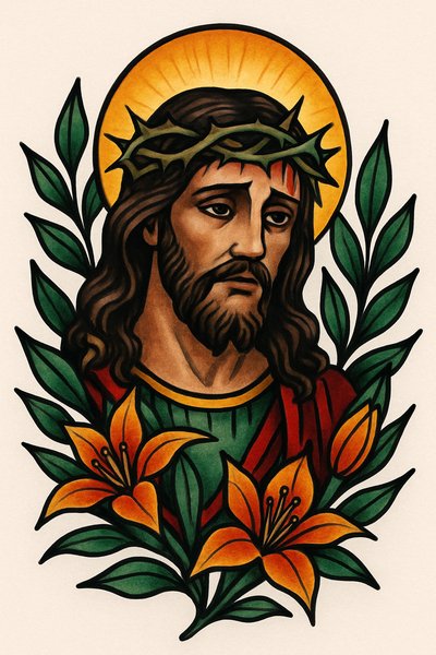 Religious Illustration of Jesus with Flowers