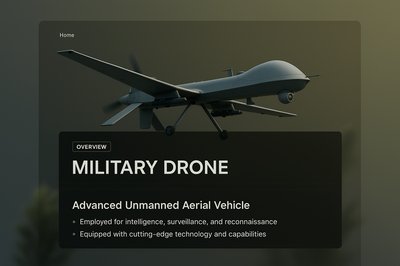 3D Military Drone Illustration with Informative Overlay