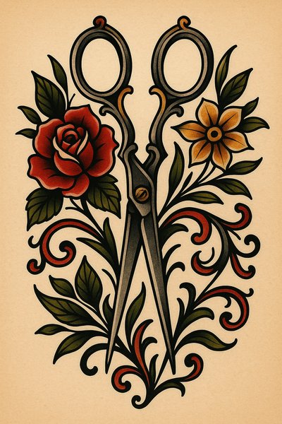 Vintage Scissors with Floral Design Illustration